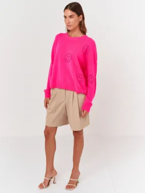 Brodie Cashmere Neon Pink Smiley Stitch Crew