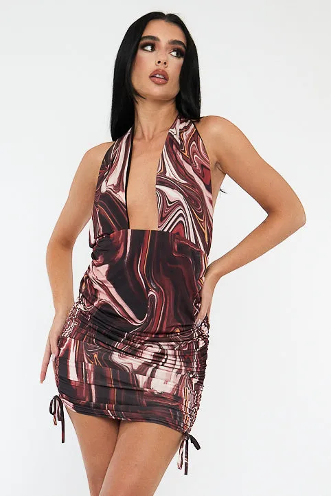 Brown Marble Print Halter Neck Ruched Slinky Mini Dress - Mabell