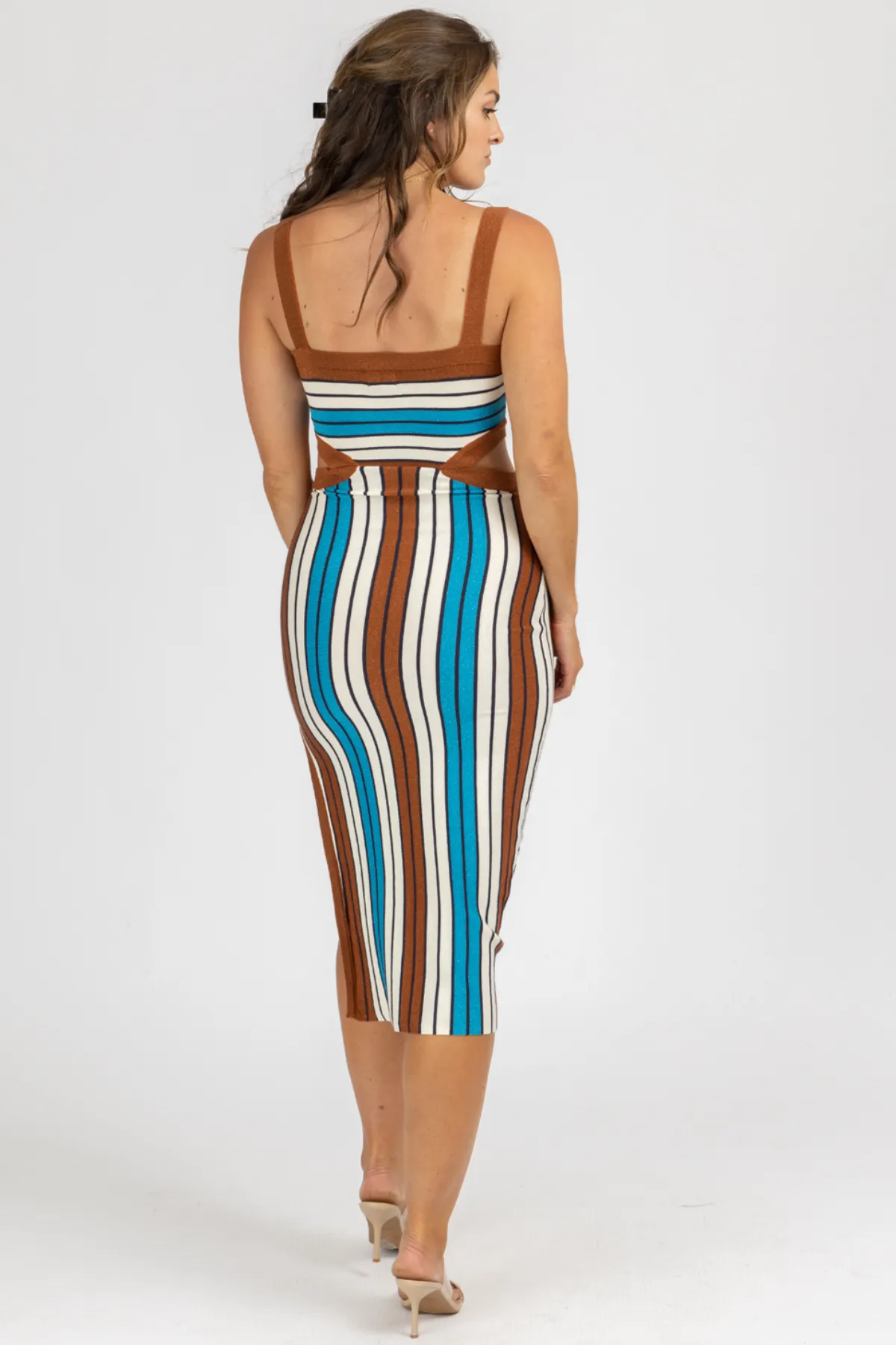 BROWN MULTISTRIPE CUTOUT KNIT MIDI DRESS