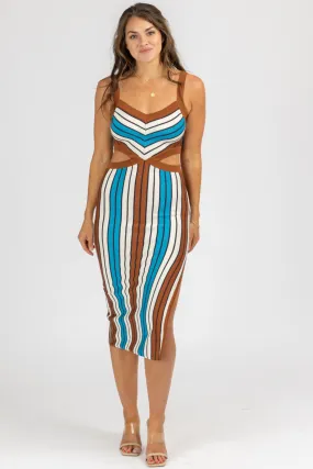 BROWN MULTISTRIPE CUTOUT KNIT MIDI DRESS