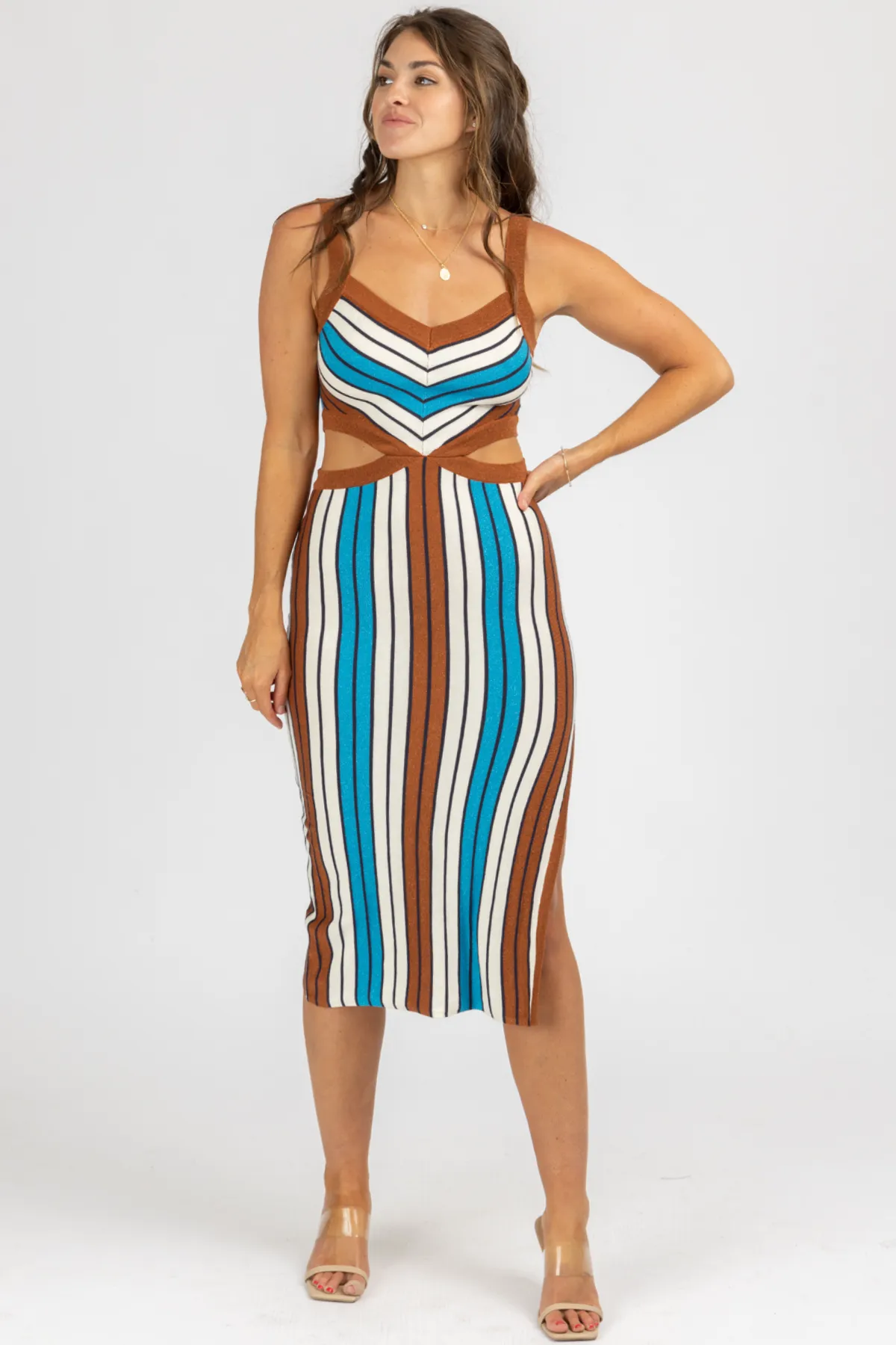 BROWN MULTISTRIPE CUTOUT KNIT MIDI DRESS