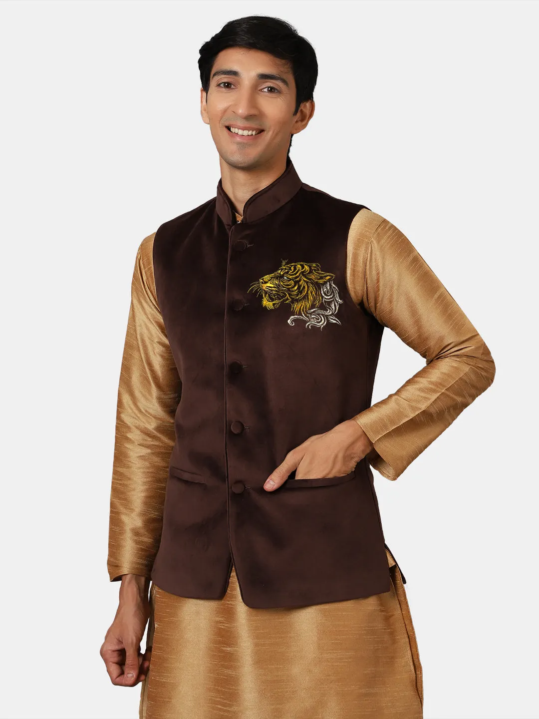 Brown Velvet Nehru Jacket with Gold Embroidery