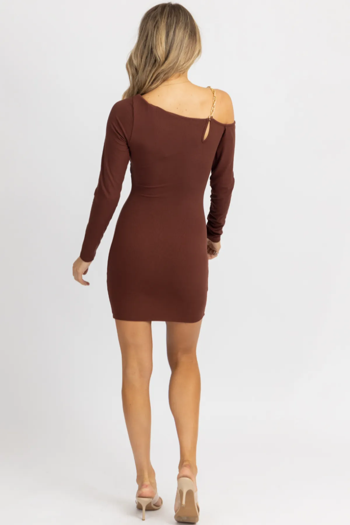 BROWNIE ASYMMETRICAL CHAIN TRIM MINI DRESS