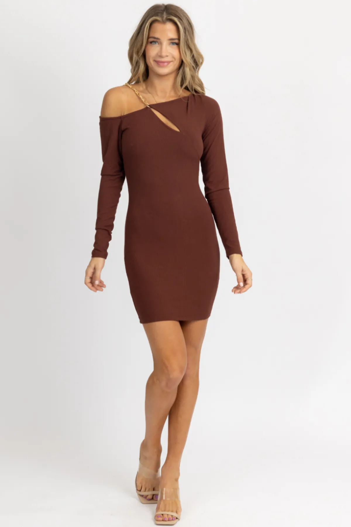 BROWNIE ASYMMETRICAL CHAIN TRIM MINI DRESS