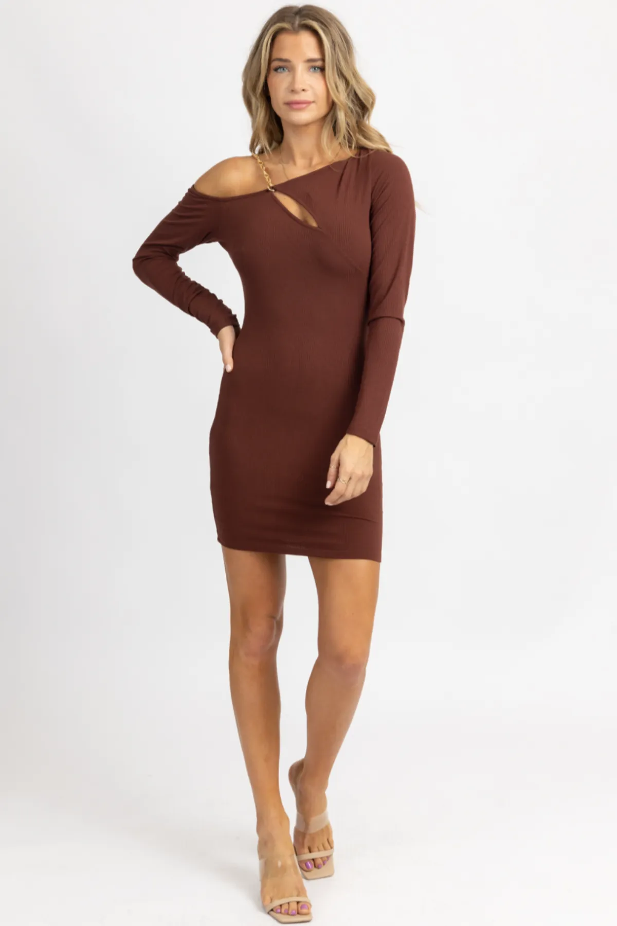 BROWNIE ASYMMETRICAL CHAIN TRIM MINI DRESS