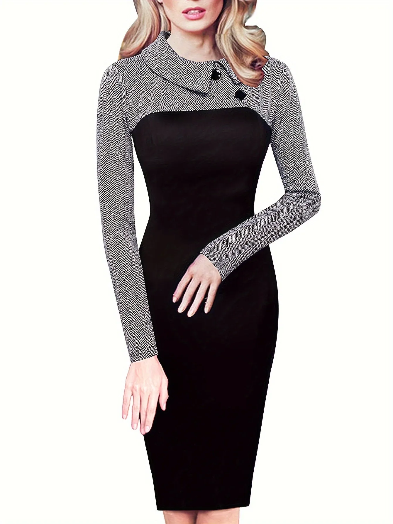 Button Front Colorblock Bodycon Dress, Elegant Long Sleeve Dress For Spring & Fall, Women's Clothing