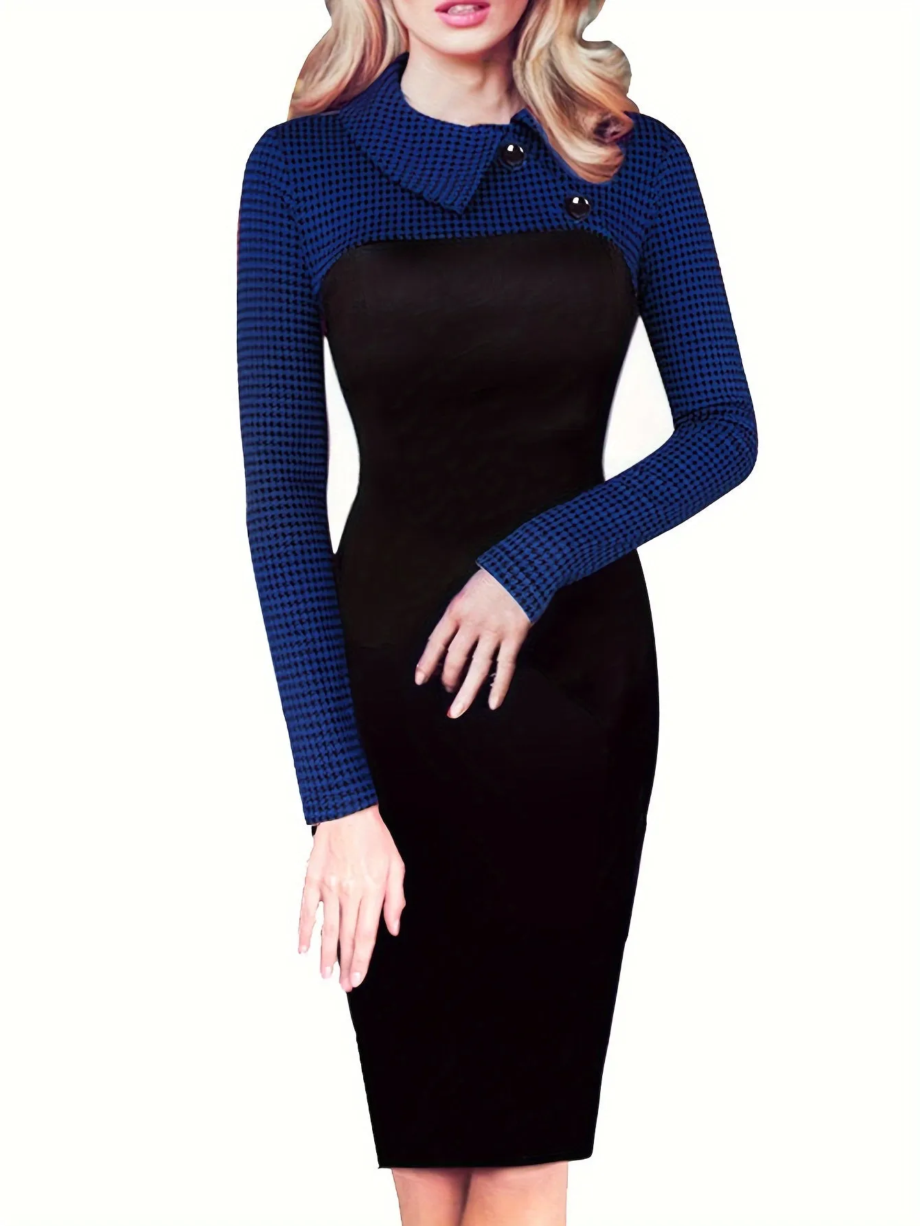 Button Front Colorblock Bodycon Dress, Elegant Long Sleeve Dress For Spring & Fall, Women's Clothing