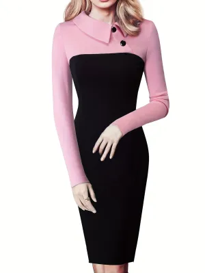 Button Front Colorblock Bodycon Dress, Elegant Long Sleeve Dress For Spring & Fall, Women's Clothing