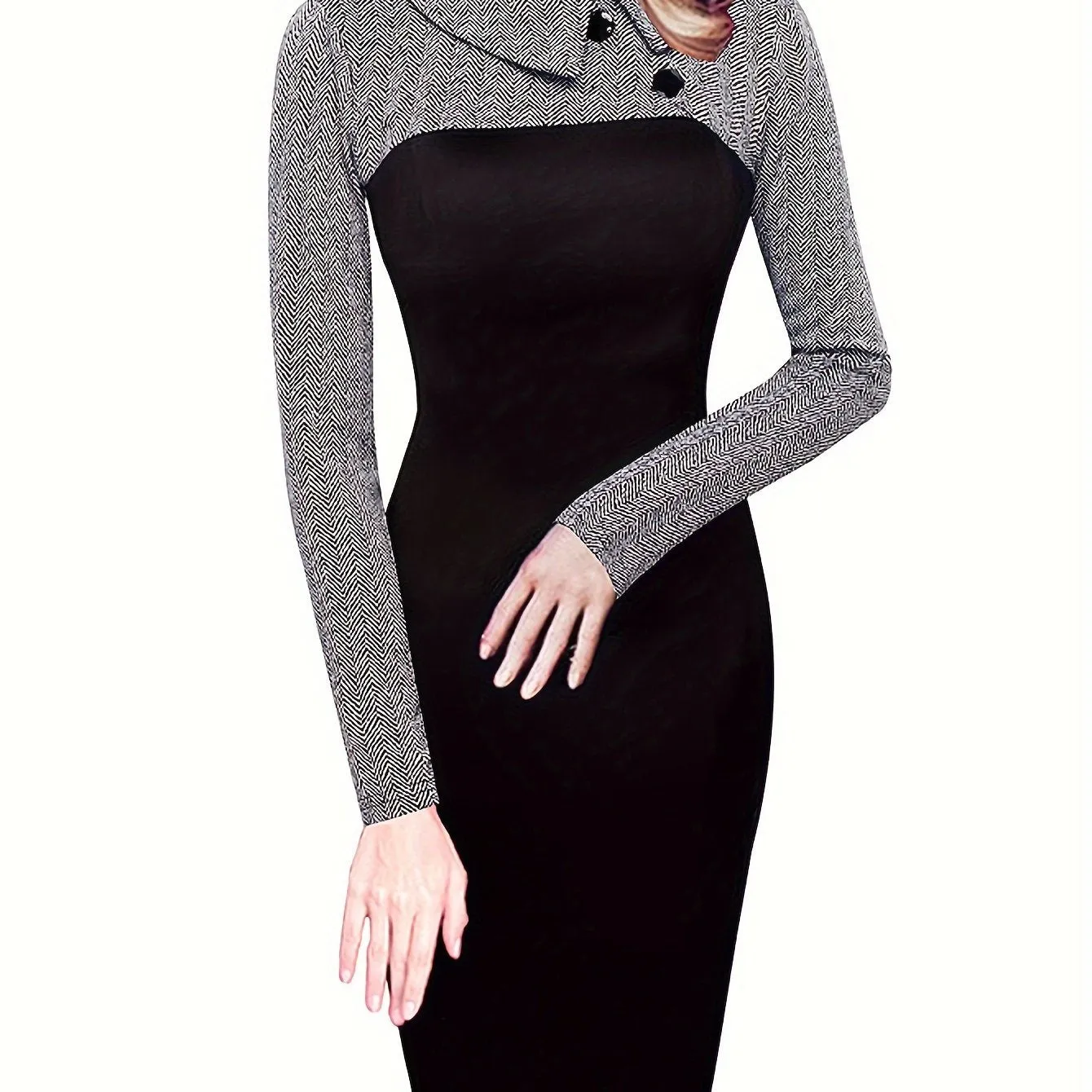 Button Front Colorblock Bodycon Dress, Elegant Long Sleeve Dress For Spring & Fall, Women's Clothing