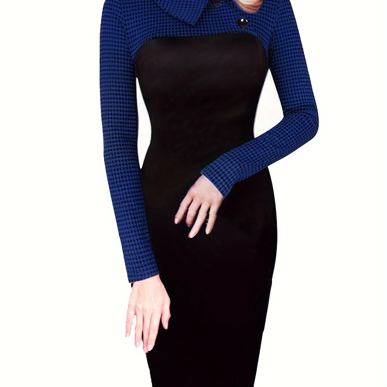 Button Front Colorblock Bodycon Dress, Elegant Long Sleeve Dress For Spring & Fall, Women's Clothing