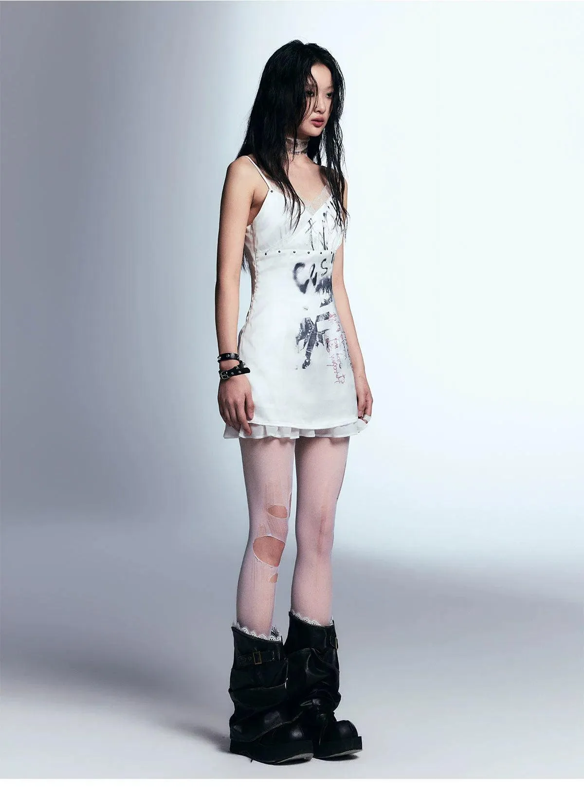 Cest Nous White Distressed Graphic Tank Dress - Women'S Sleeveless Mini Bodycon With Grunge Print