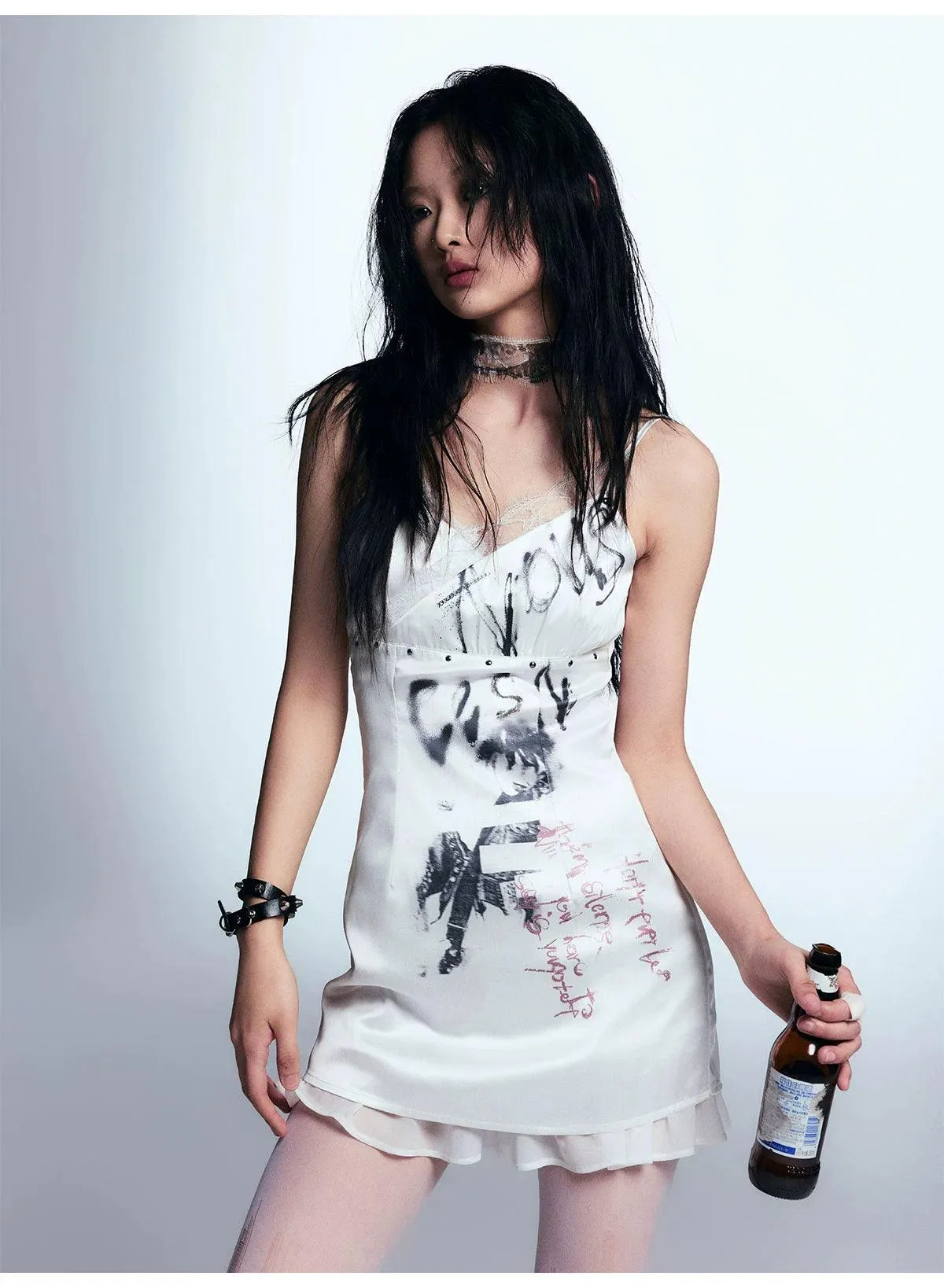 Cest Nous White Distressed Graphic Tank Dress - Women'S Sleeveless Mini Bodycon With Grunge Print