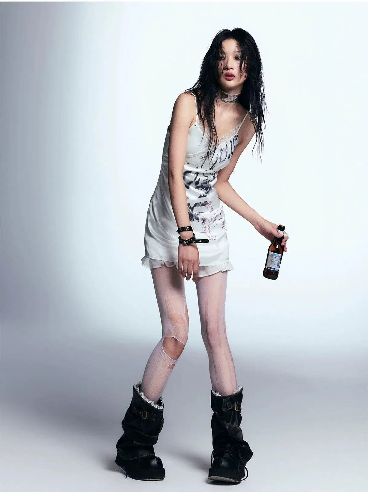 Cest Nous White Distressed Graphic Tank Dress - Women'S Sleeveless Mini Bodycon With Grunge Print