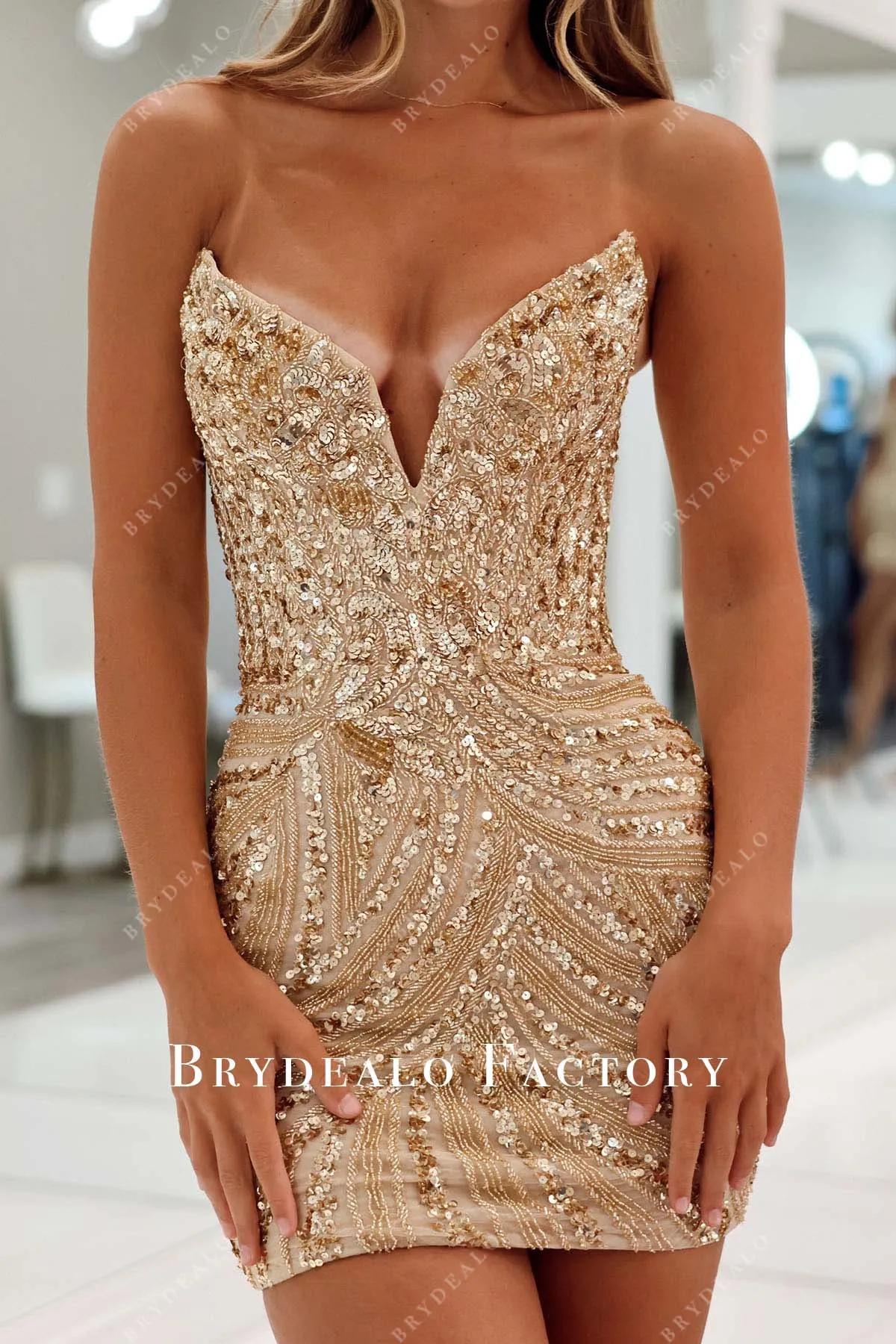 Champagne Sequin Beaded Strapless Mini Dress