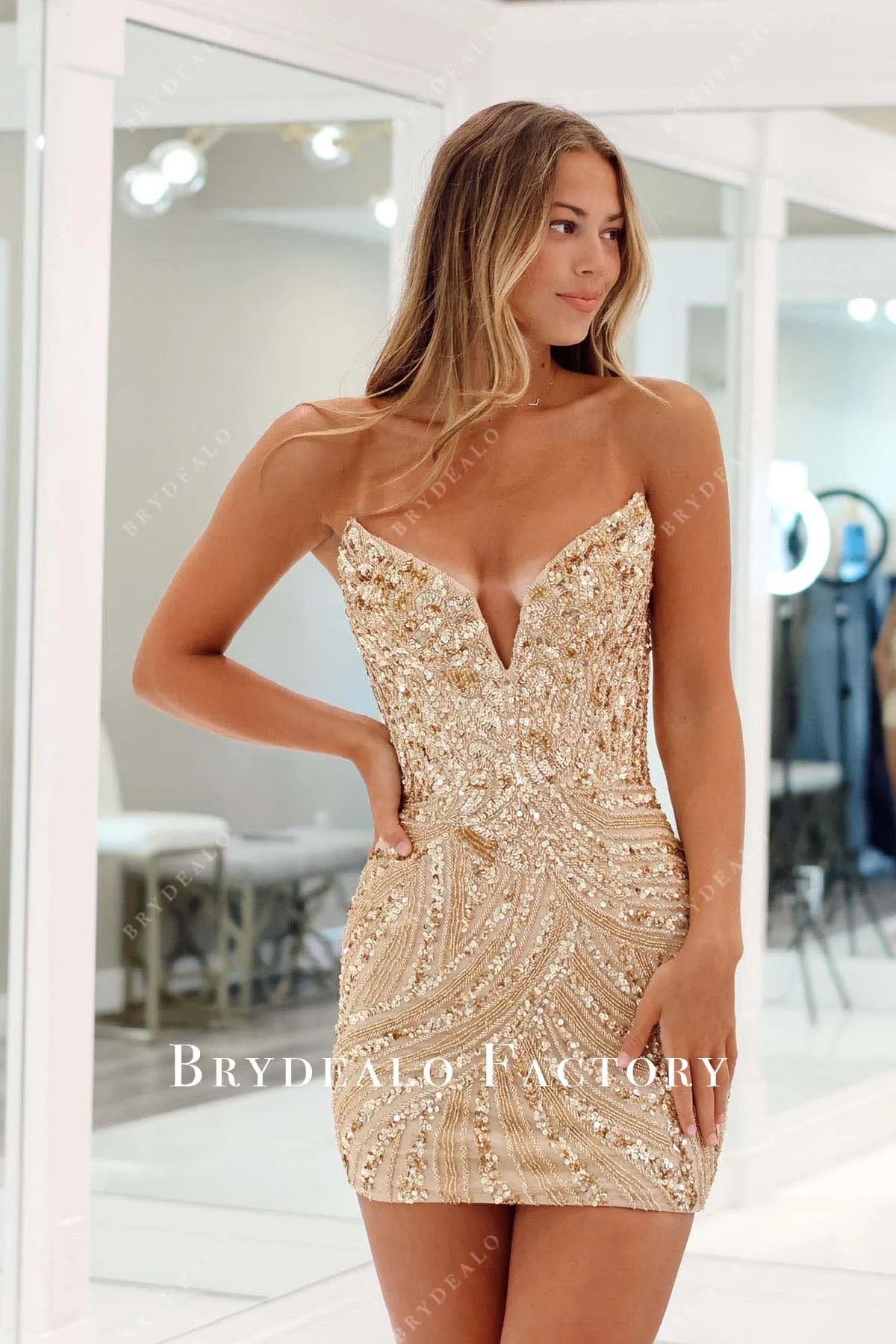 Champagne Sequin Beaded Strapless Mini Dress