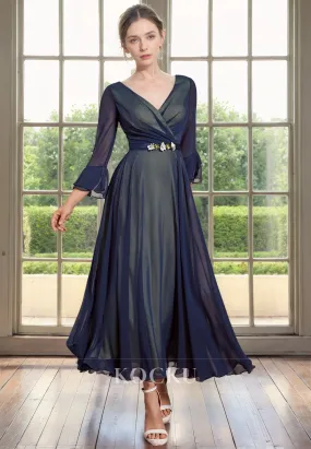 Chic & Modern A-Line V-Neck Long sleeves Cocktail Mother of the Bride Dress With Belt