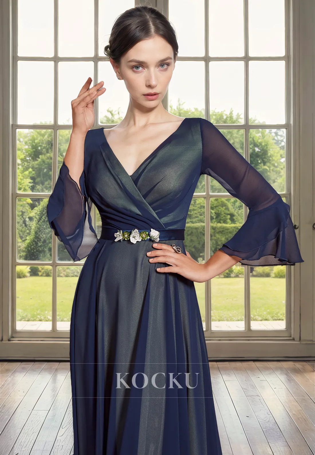 Chic & Modern A-Line V-Neck Long sleeves Cocktail Mother of the Bride Dress With Belt