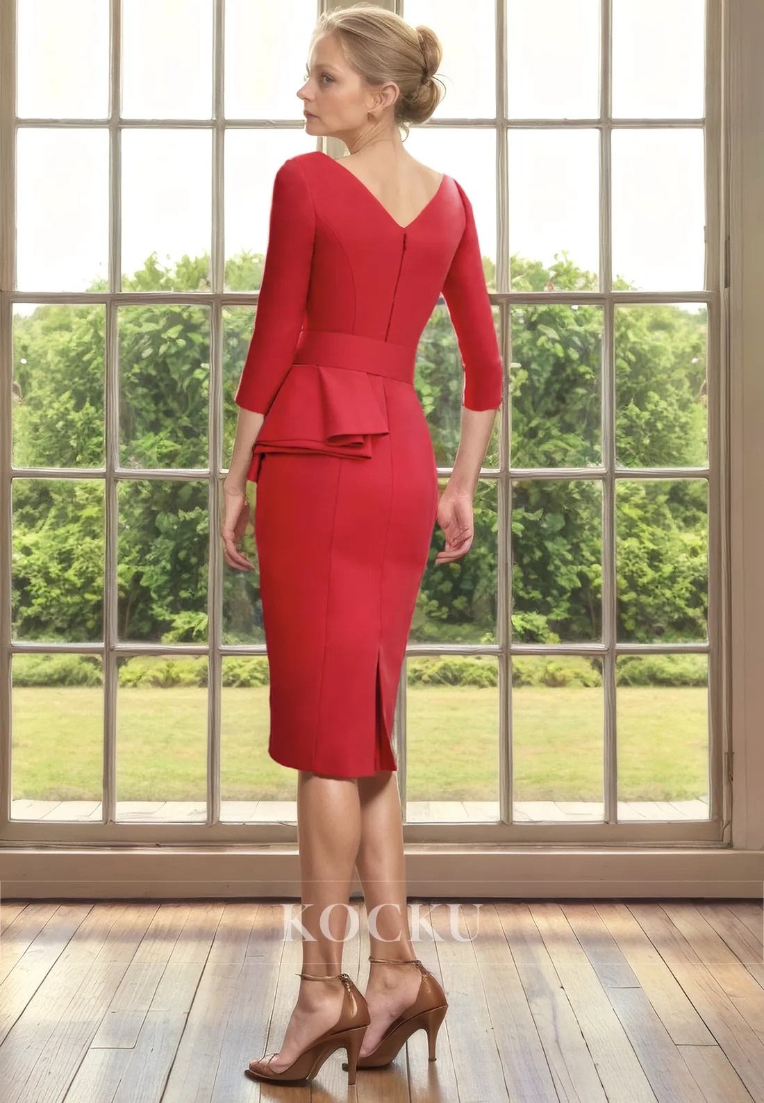 Chic & Modern V-Neck Long sleeves Belt Sheath Cocktail Mother of the Bride Dress