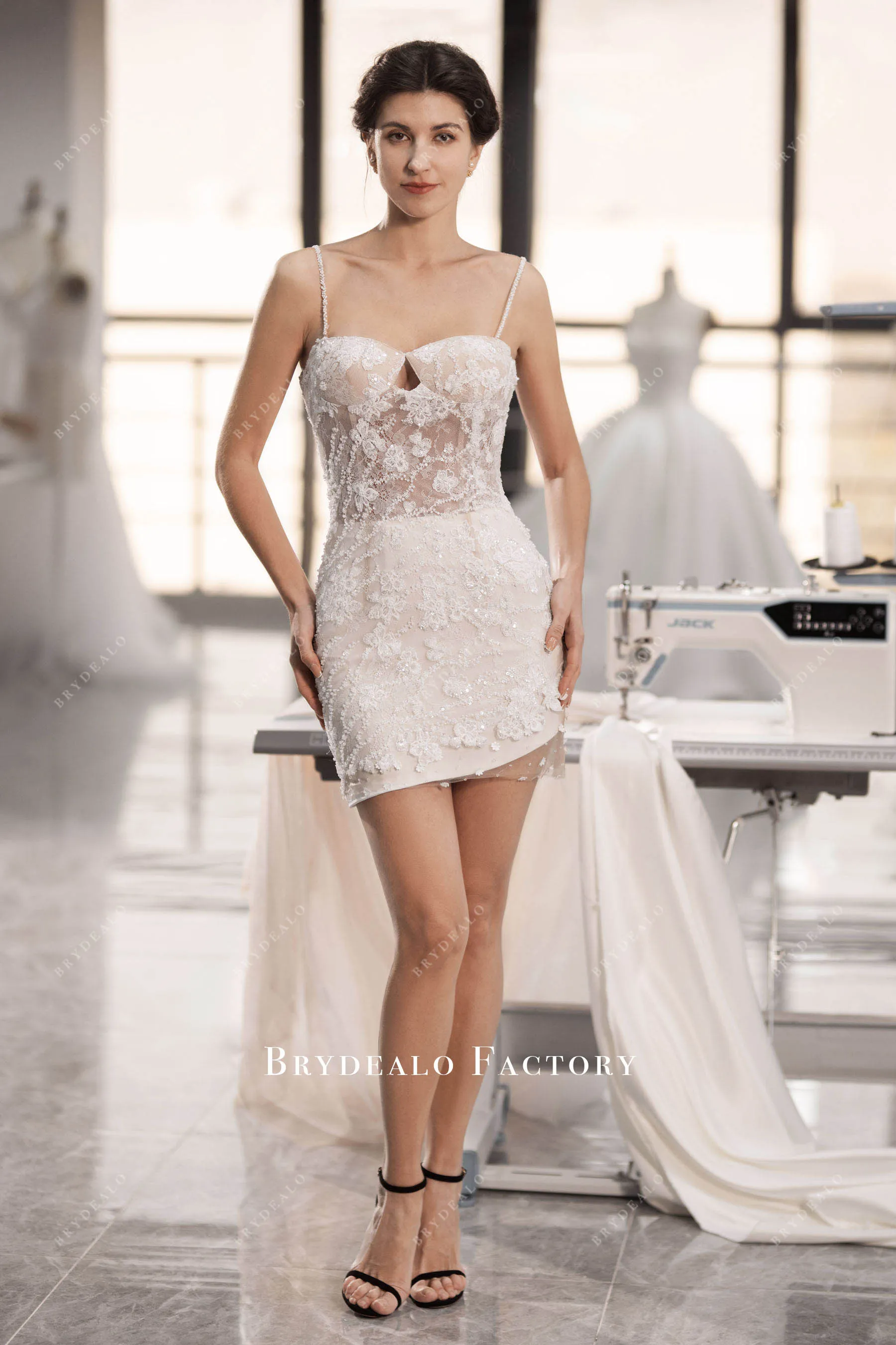 Chic Beaded Straps Lace Mini Length Bodycon Bridal Dress