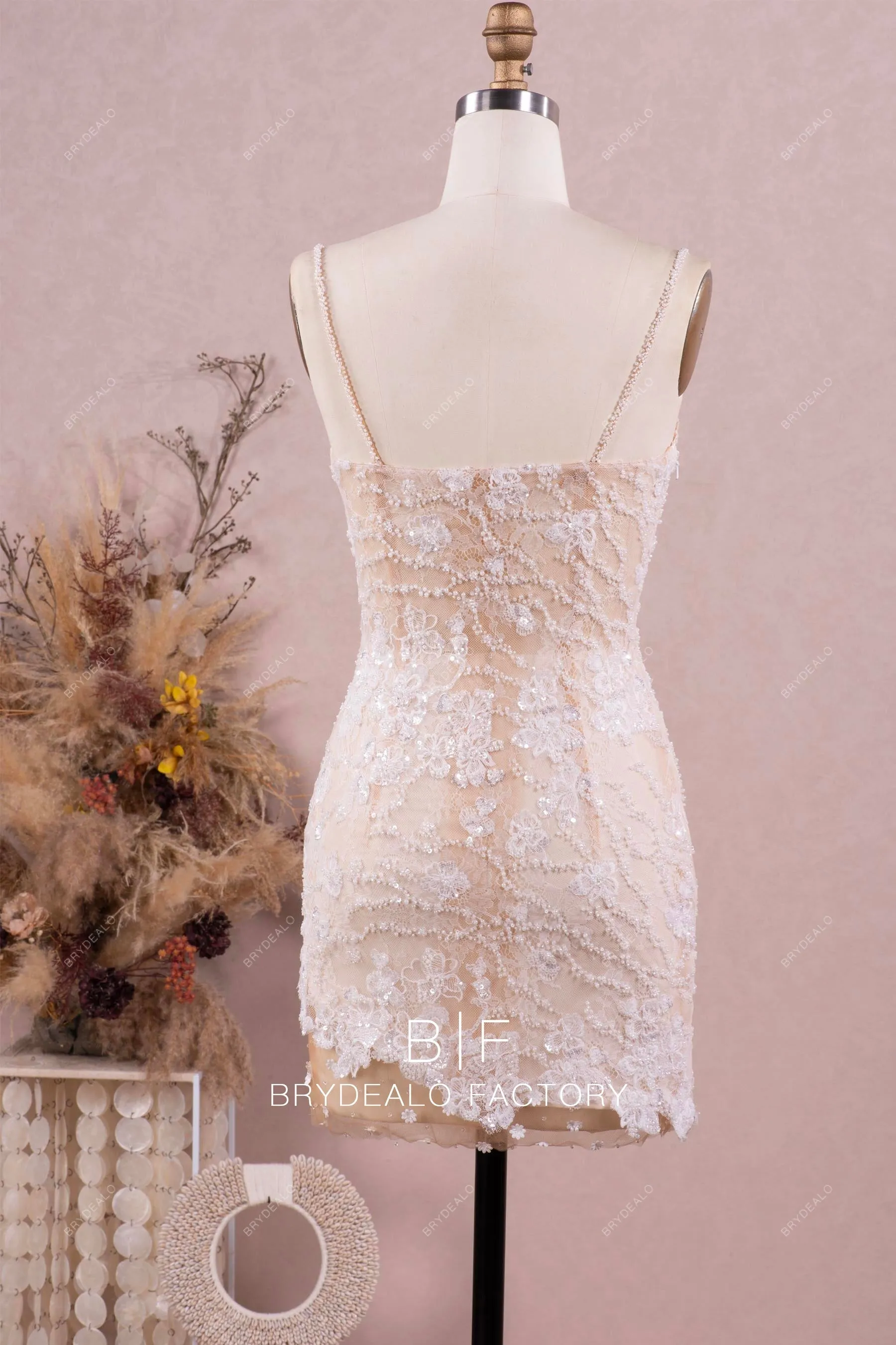 Chic Beaded Straps Lace Mini Length Bodycon Bridal Dress