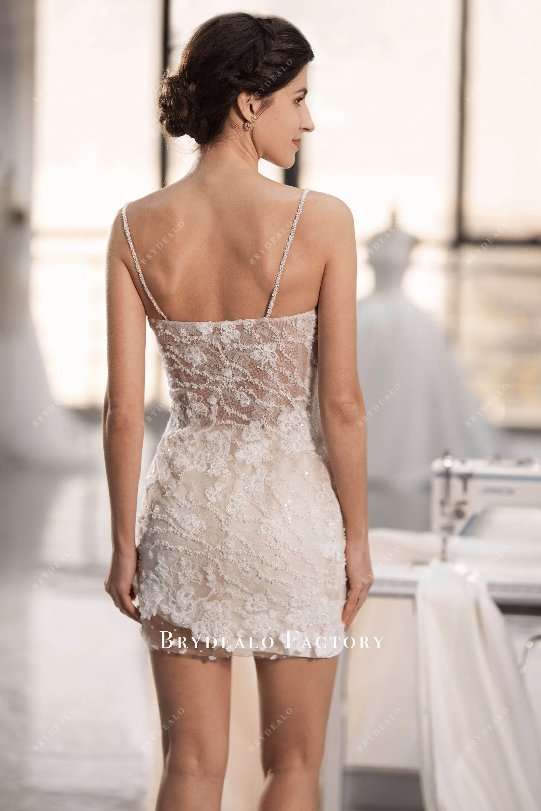 Chic Beaded Straps Lace Mini Length Bodycon Bridal Dress