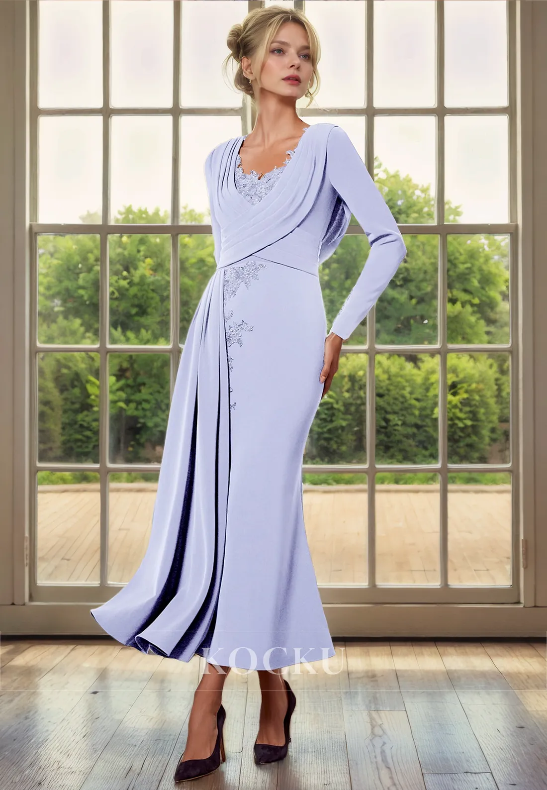 Classic & Timeless Scoop Illusion Back Mermaid Long sleeves Cocktail Mother of the Bride Dress