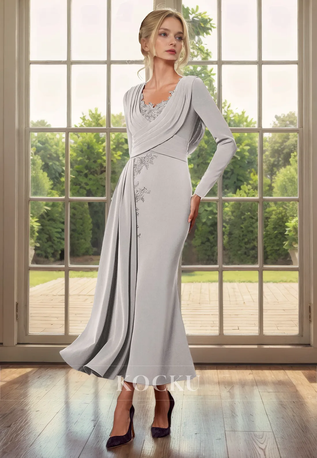 Classic & Timeless Scoop Illusion Back Mermaid Long sleeves Cocktail Mother of the Bride Dress