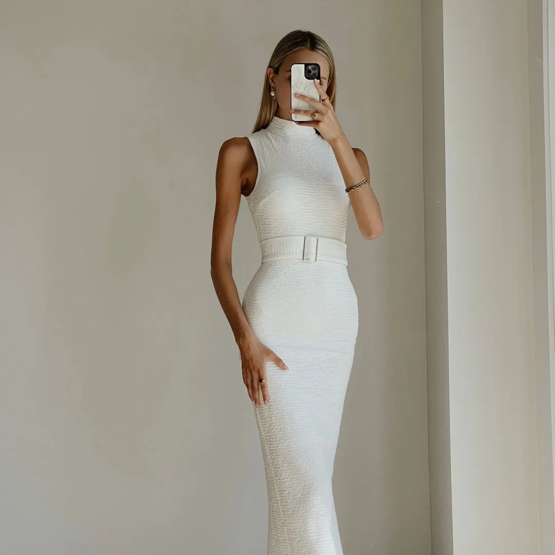 CLEO White Bodycon High Neck Maxi Dress