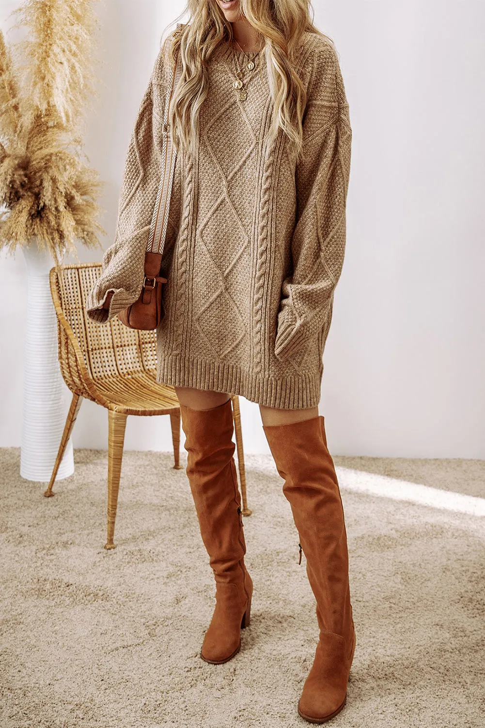 Coffee Twist Cable Knit Drop Shoulder Loose Fit Sweater Dress