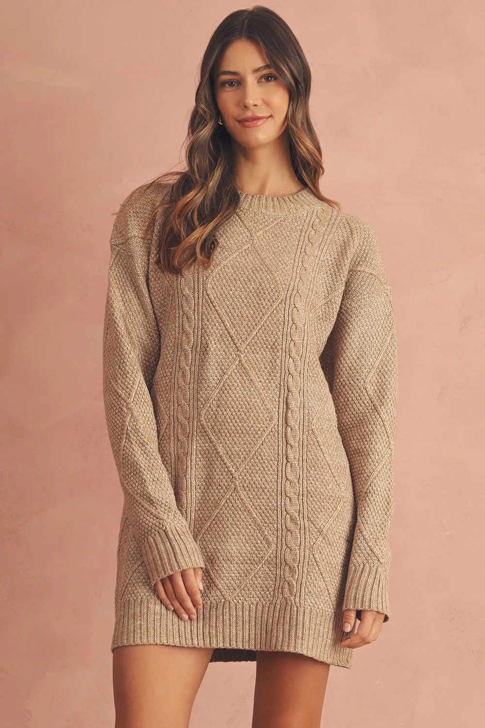 Coffee Twist Cable Knit Drop Shoulder Loose Fit Sweater Dress