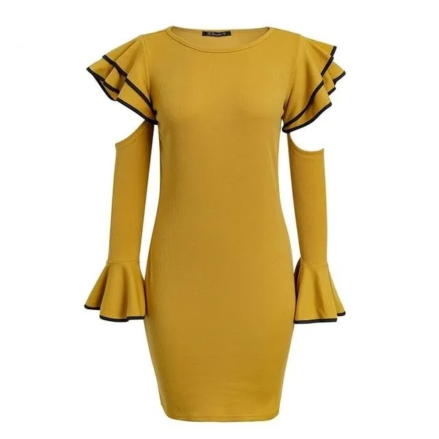 Cold Shoulder Ruffles Knitted Elegant Flare Long Sleeve Winter Bodycon Sexy Dress