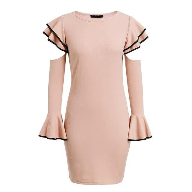 Cold Shoulder Ruffles Knitted Elegant Flare Long Sleeve Winter Bodycon Sexy Dress