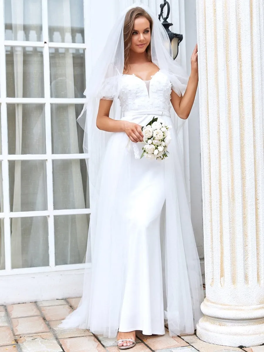 Cold Shoulder V-Neck Double Layer Wedding Dress