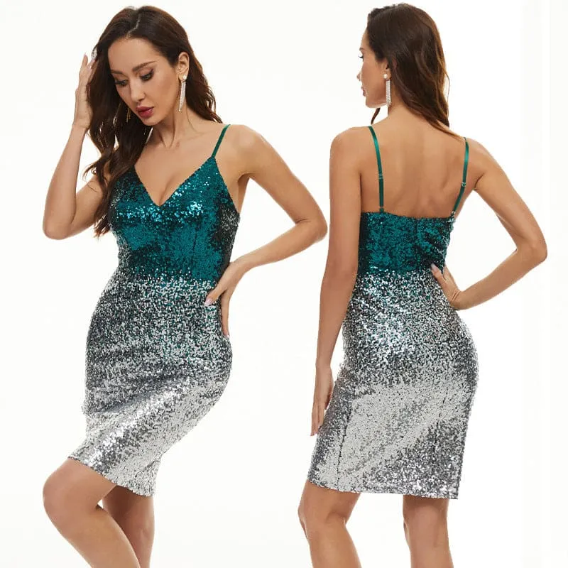 Color Block V-Neck Bodycon Sequin Cami Dress