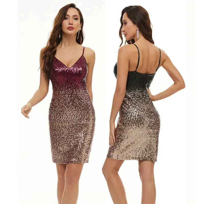 Color Block V-Neck Bodycon Sequin Cami Dress