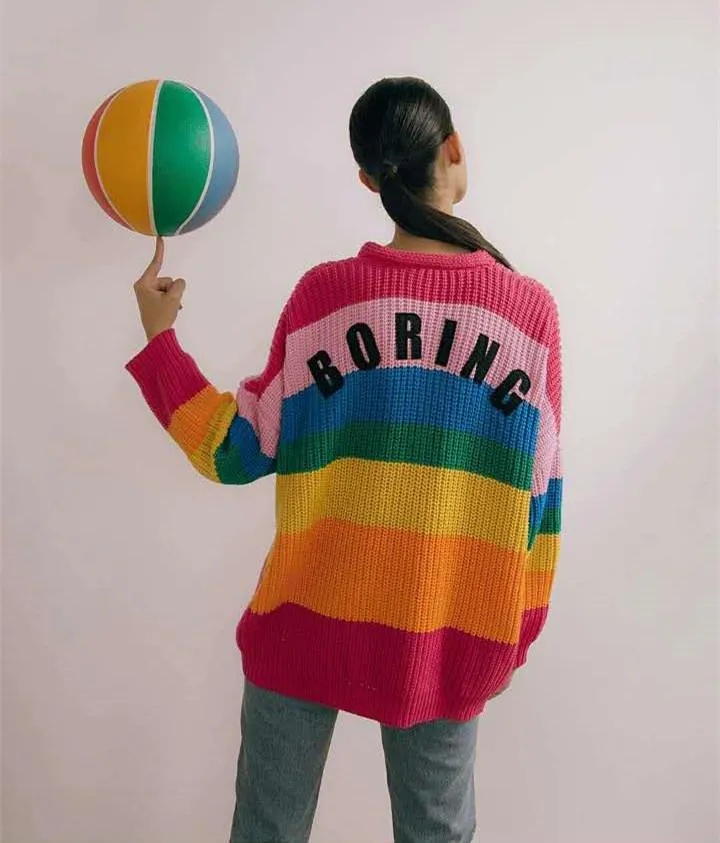 Colorful Rainbow Striped Long Sleeve Button Cardigan Sweater