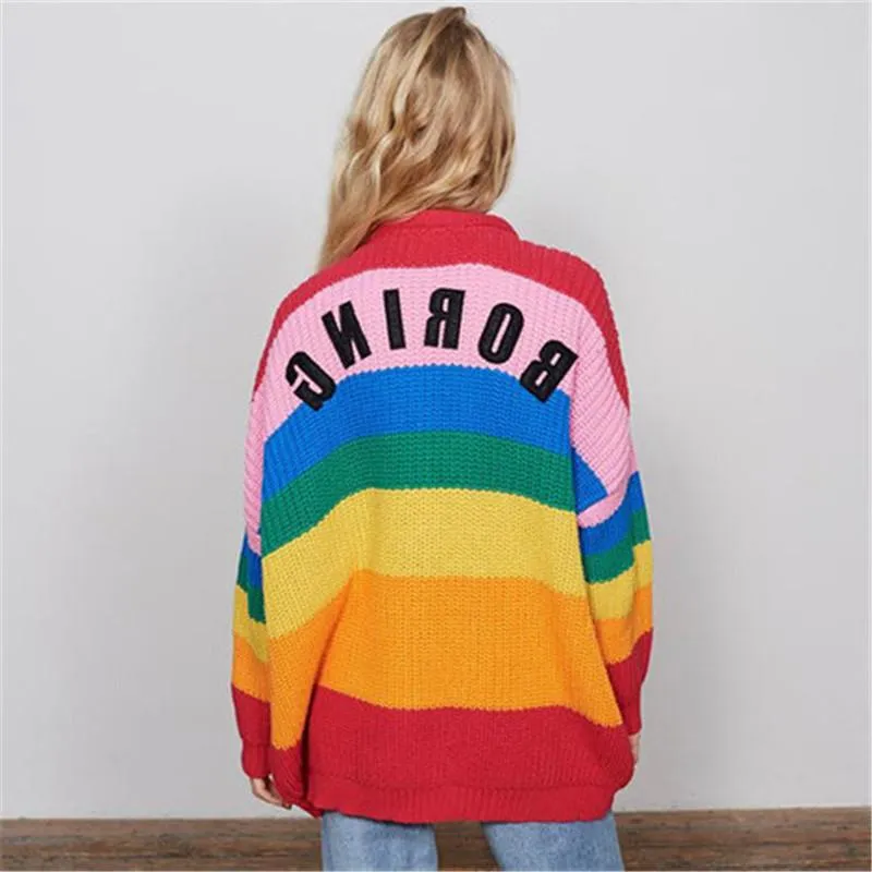 Colorful Rainbow Striped Long Sleeve Button Cardigan Sweater