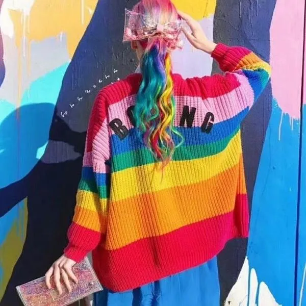 Colorful Rainbow Striped Long Sleeve Button Cardigan Sweater