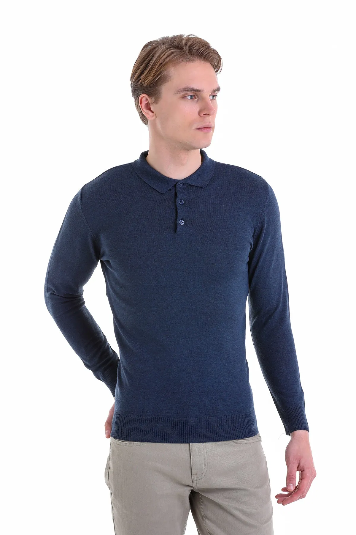 Comfort Fit Wool Blend Indigo Polo Sweater