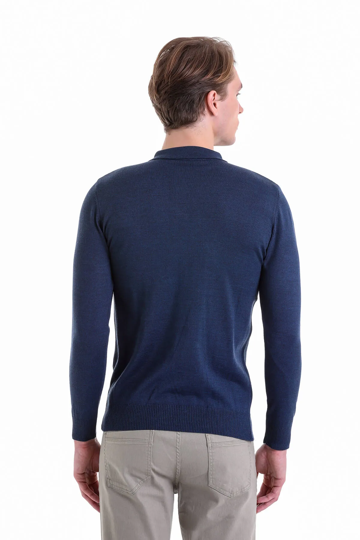 Comfort Fit Wool Blend Indigo Polo Sweater