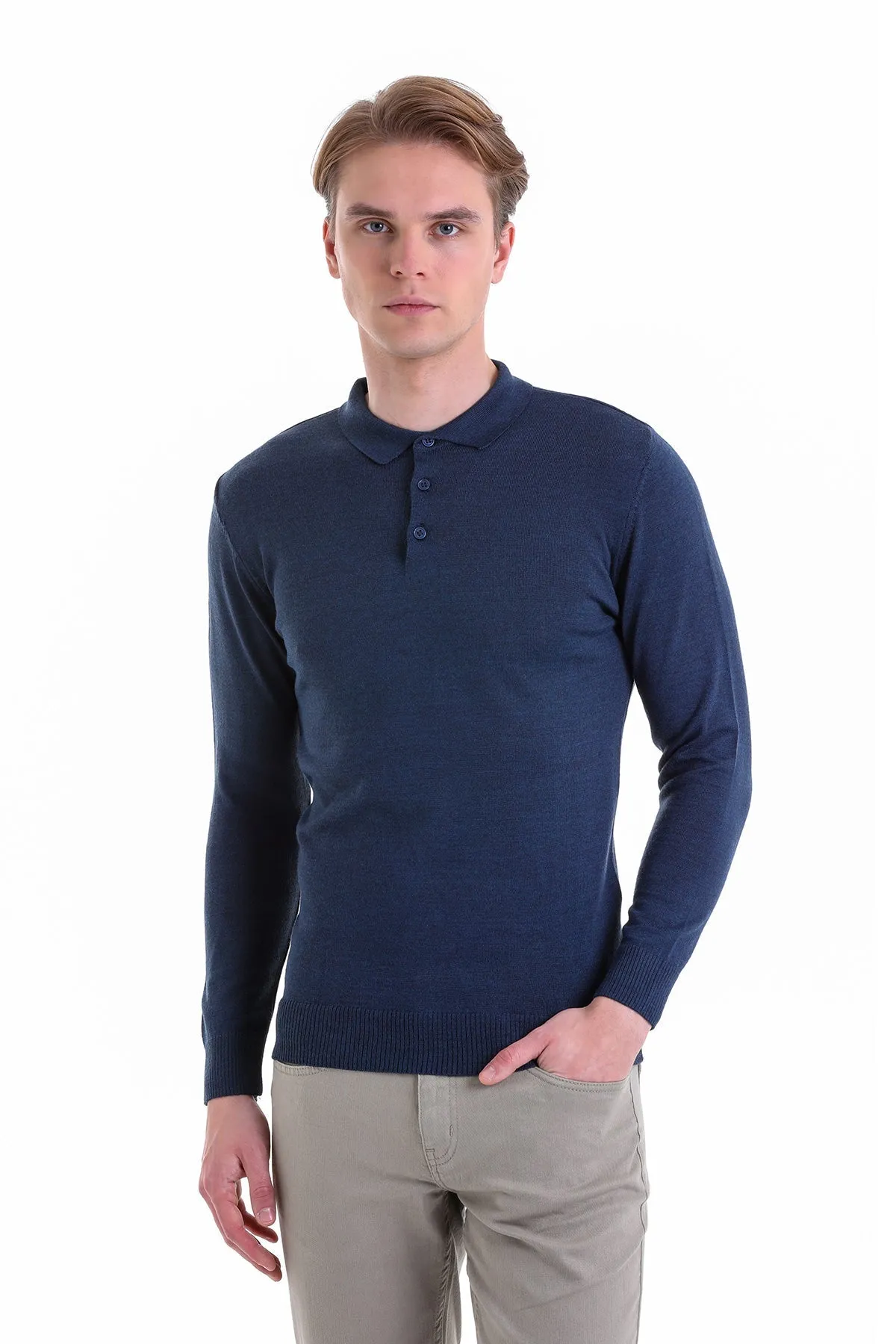 Comfort Fit Wool Blend Indigo Polo Sweater