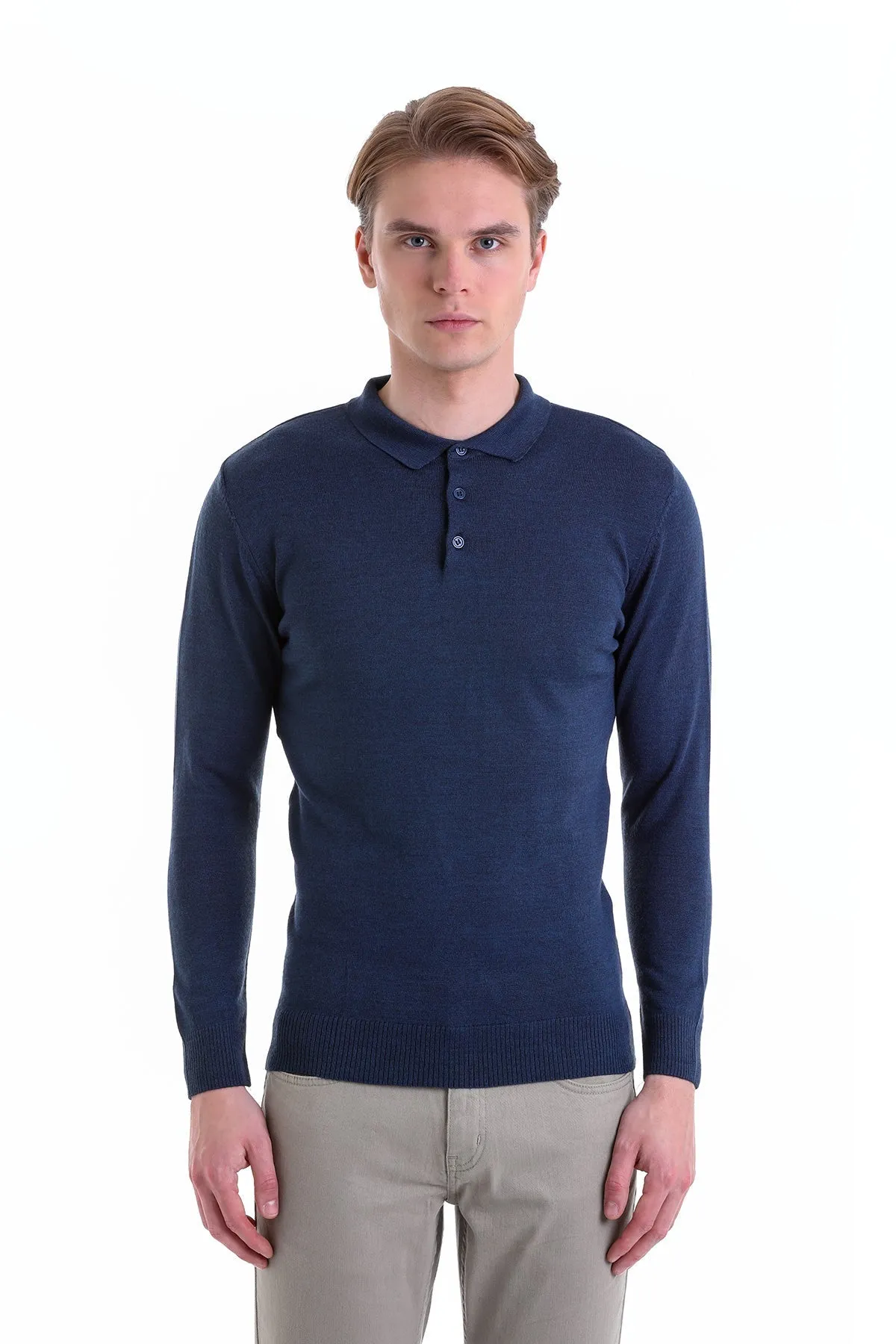 Comfort Fit Wool Blend Indigo Polo Sweater