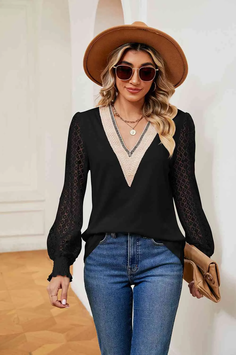 Contrast V-Neck Long Sleeve Blouse