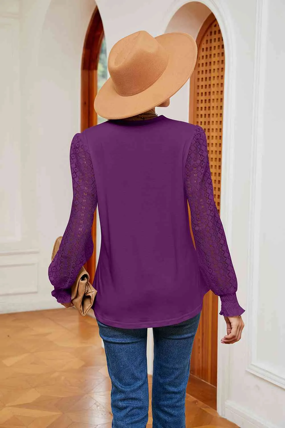 Contrast V-Neck Long Sleeve Blouse