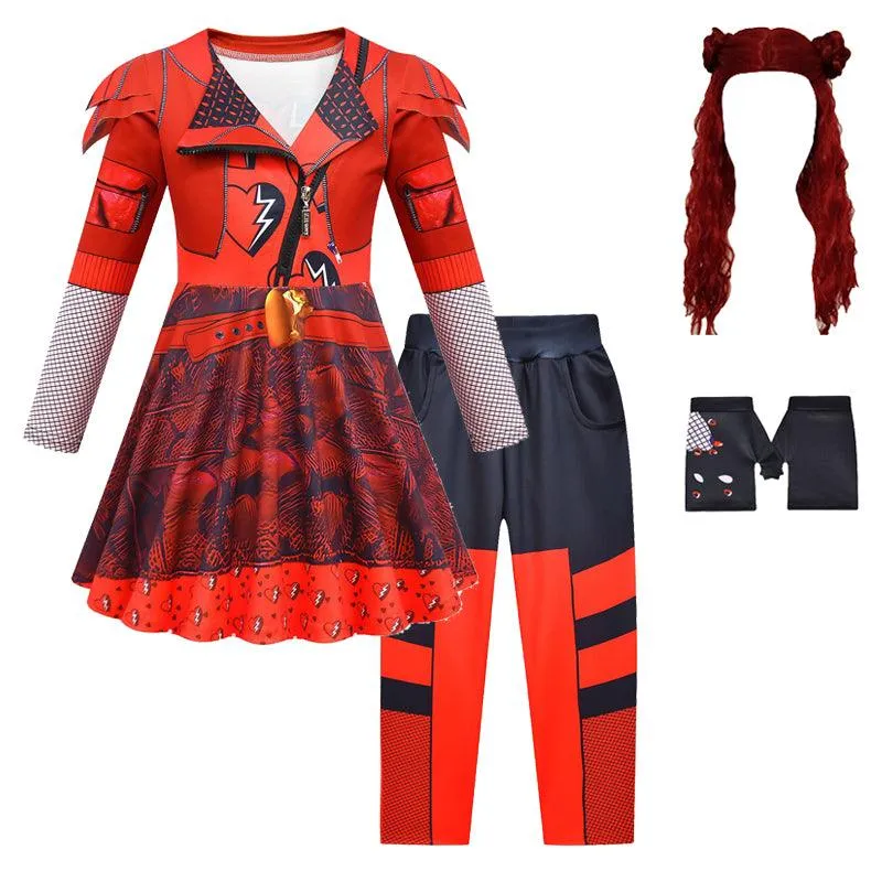 Cool Girl's Outfit Set Halloween cosplay costumes Girls' fashionable printed lapel long sleeved dress Trendy Punk Style Dress Carnival Birthday Banquet Stage Performance Dress