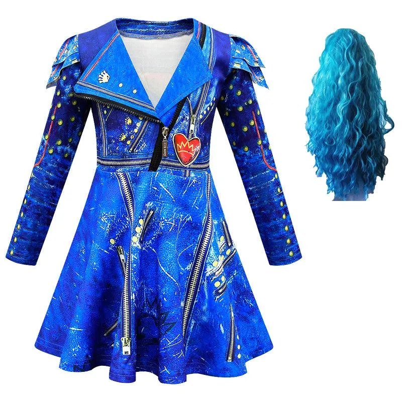 Cool Girl's Outfit Set Halloween cosplay costumes Girls' fashionable printed lapel long sleeved dress Trendy Punk Style Dress Carnival Birthday Banquet Stage Performance Dress