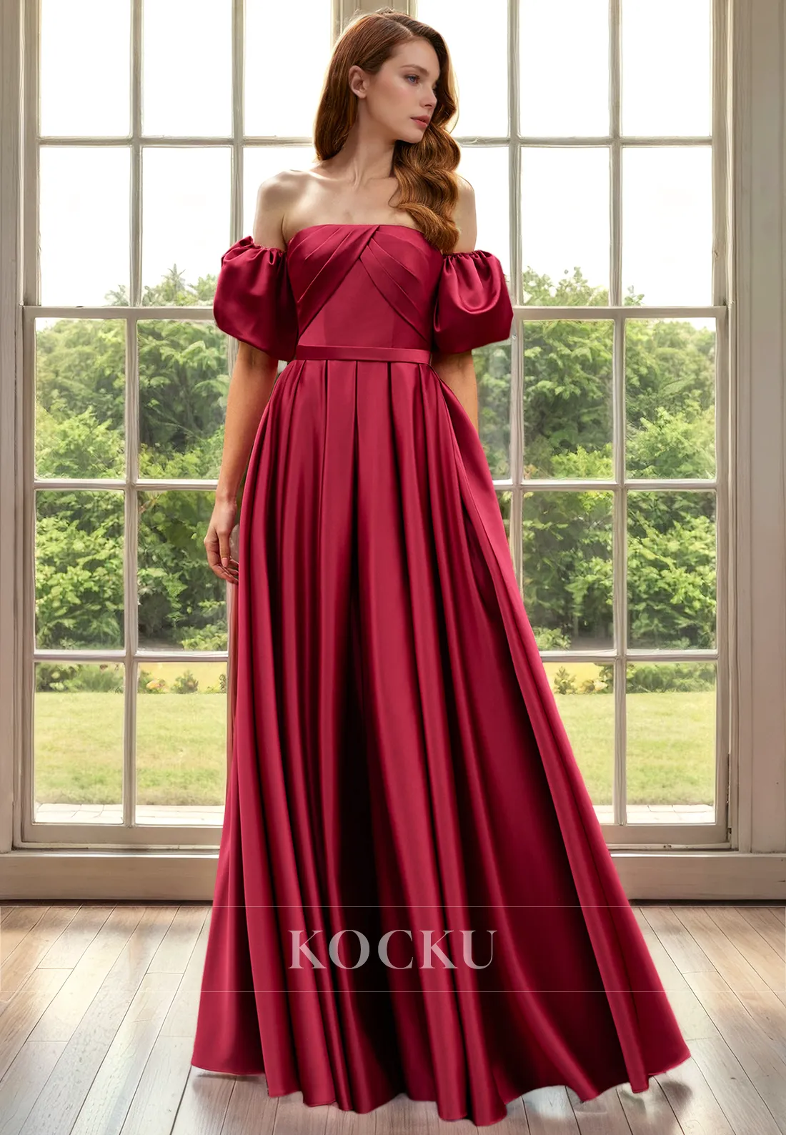 Couture Off-Shoulder Puff sleeves A-Line Satin Cocktail Mother of the Bride Dress