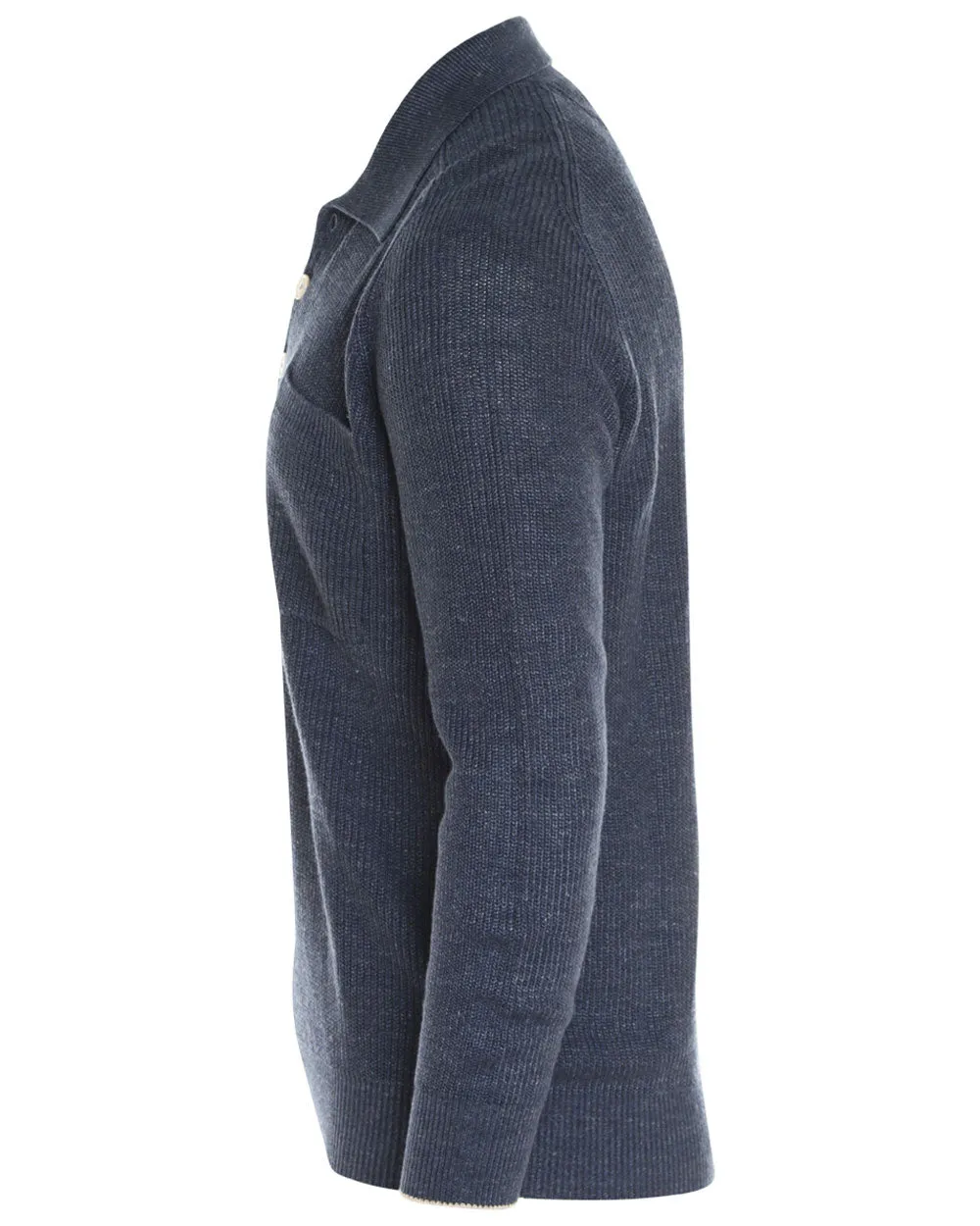 Dark Blue Linen Blend Long Sleeve Sweater Polo