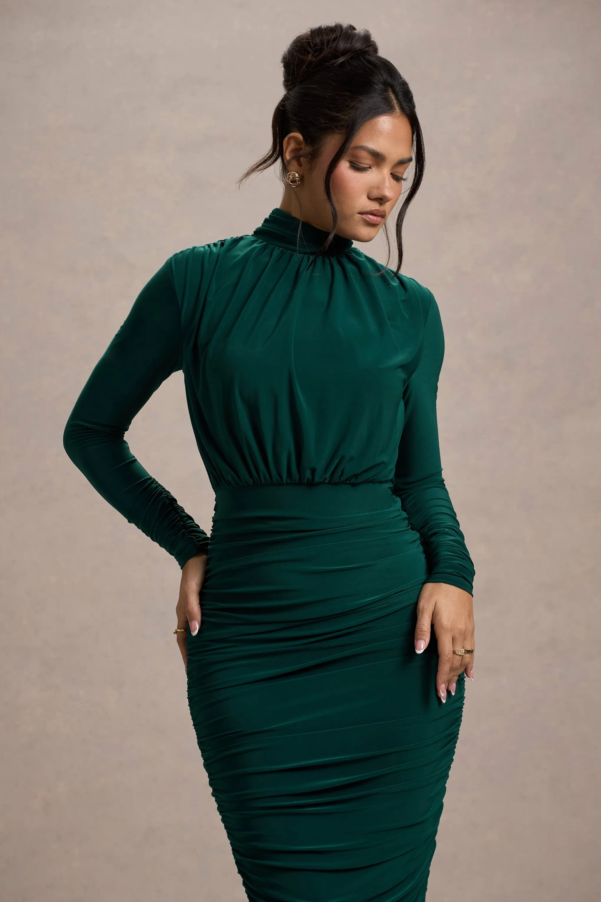 Dasha | Bottle Green Ruched High-Neck Long-Sleeve Midi Dress