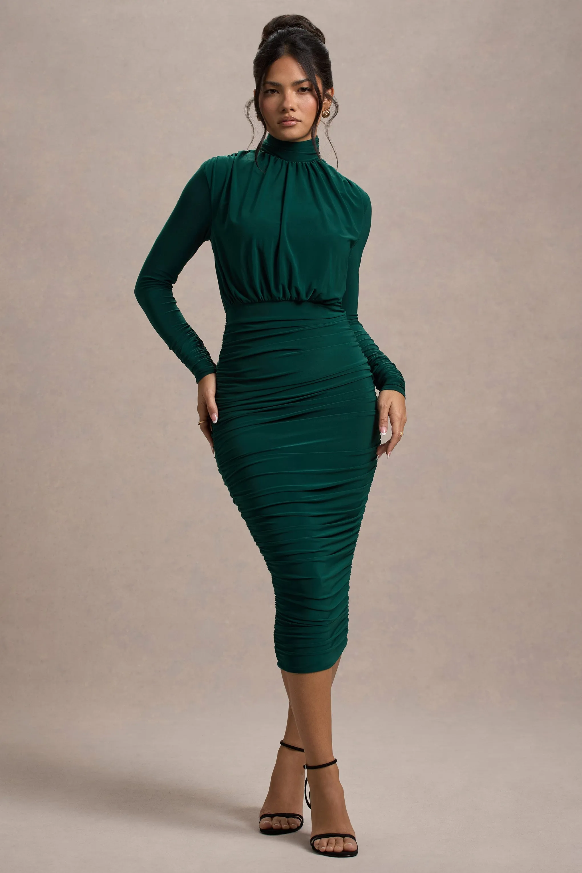 Dasha | Bottle Green Ruched High-Neck Long-Sleeve Midi Dress